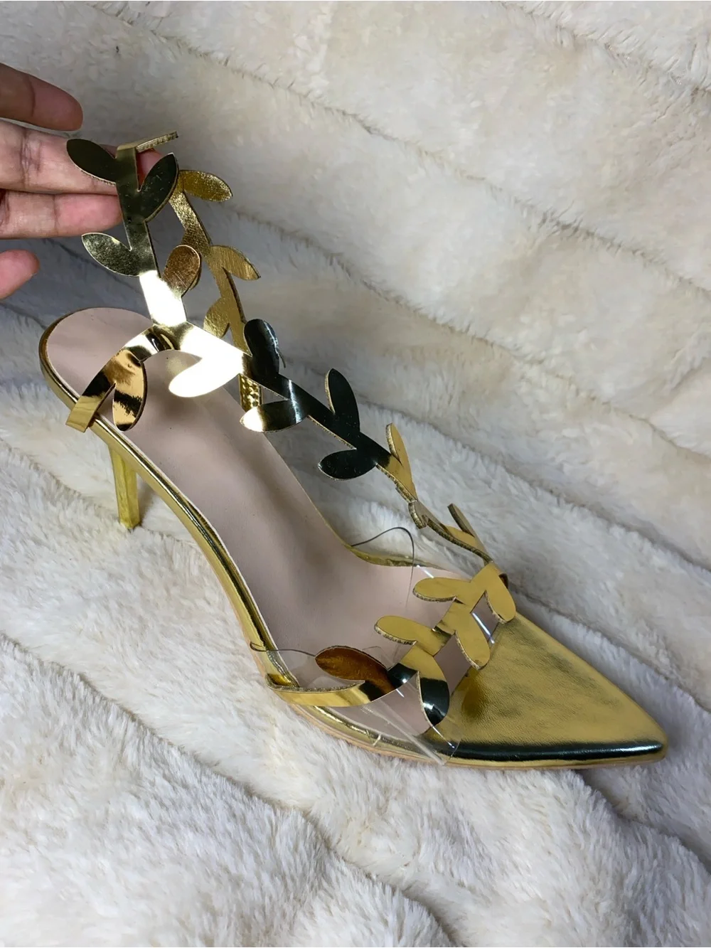 Gold Leaf Detail Clear-Strap Pointed Slingback Heels